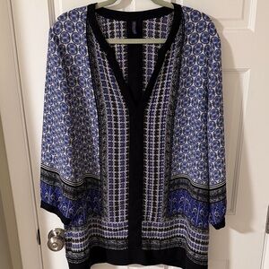 NYDJ Boho Geometric Mixed Print Tunic Blouse Blue Purple Black 3/4 Sleeve 2X
